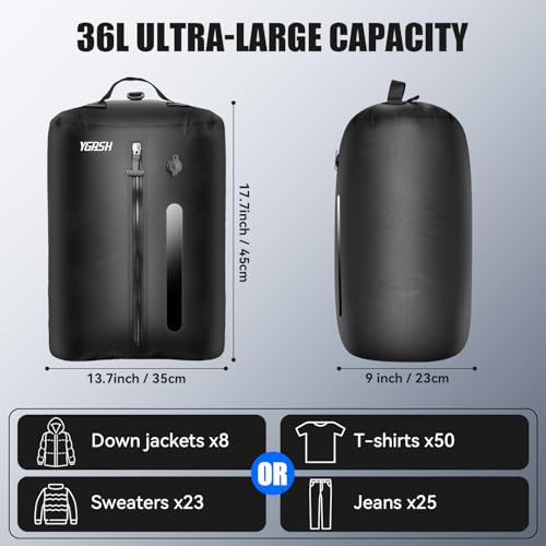 Vacuum Bags for Travel, Waterproof Compression Bags with Wireless Lockable Pump, Reusable Vacuum Packing Cubes Compatible with Suitcase, Luggage, Backpack (1, Black, 36L)