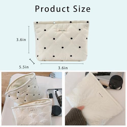 uekeboag White Quilted Cotton Makeup Pouch,Coquette Quilted Toiletry Bag for Women and Girls, Floral Coquette Organizer Bag, Aesthetic Travel Cosmetic Bags(01White Dots) - color: 01White Dots
