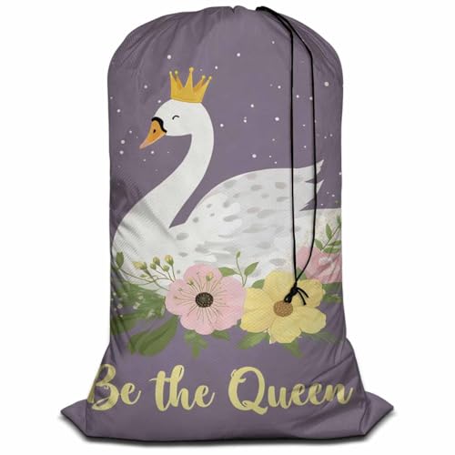 Swono Swan Dining Toy Storage Heavy Duty Basket Laundry Bag with Drawstring White Dreaming Swan Princess with Crown Be The Queen Floral Folding Organizer for Travel Washing Machine, Purple - color: Swan