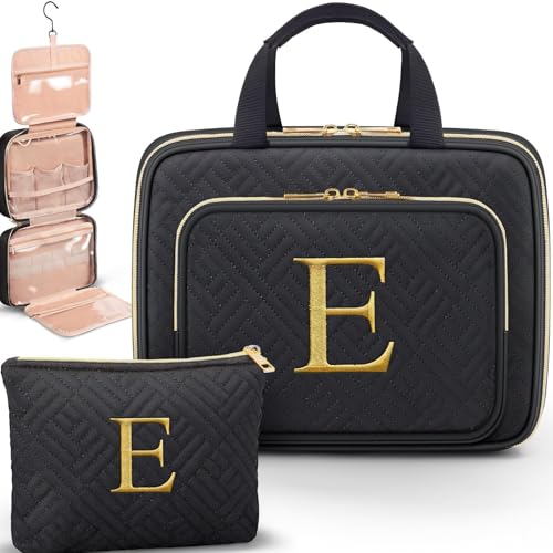 Gifts for Women, Initial Toiletry Makeup Bag Hanging Cosmetic Organizer with Embroidery Letter Personalized Nurse Teacher Appreciation Birthday Mothers Day Gifts for Mom Sister Wife Friends Auntie Her - style: E