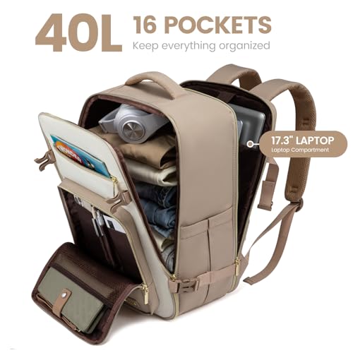 LOVEVOOK Travel Backpack For Women,40L Carry On Backpack Flight Approved,TSA Personal Item Travel Bag Fits 17 Inch Laptop,Business Weekender Overnight Daypack with Back Pad and Chest Buckle,Cubes - color: Off-white and Khaki, size: 17.3 Inch-40L-4Pcs