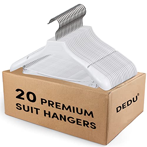 DEDU Suit Hangers for Men 20 Pack Width 17.3", White Coat Hangers no Shoulder Bump Non Slip for Thick Sweaters, Plastic Extra Wide Shoulder with Pants Bar & Metal Hook - color: White, size: 20 Pack