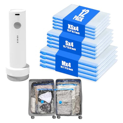 Vacuum Storage Bags for Travel - 12 Pack Compression Packing with Wireless Electric Pump for Luggage Vacuum Seal Bags for Clothes Space Saver Organizer for Moving Clothing Suitcase Travel - size: 12 Combo Travel Size