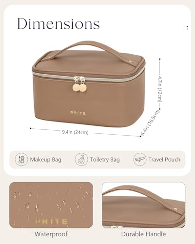 Prite Makeup Bag, Large Capacity Cosmetic Bag for Women and Girls, Waterproof PU Leather Travel Makeup Case, Toiletry Organizer with Handle and Divider for Skincare and Brushes - Brown - color: Brown