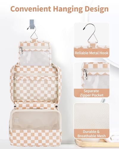 Narwey Small Hanging Travel Toiletry Bag for Women, Travel Bag for Toiletries, Makeup Bag Organizer Cosmetic Bags Make Up Bags for Girls - color: ZA-Brown Checkerboard