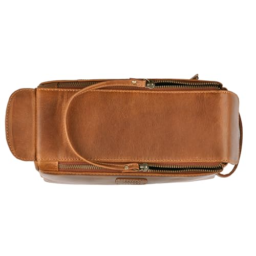LEATHER VILLAGE Genuine Leather Travel Toiletry Bag - Water-Resistant Dopp Kit for Toiletries, Large Shaving Bag & Bathroom Organizer - Gift for Men & Women - Tan Brown - color: Sun Tan