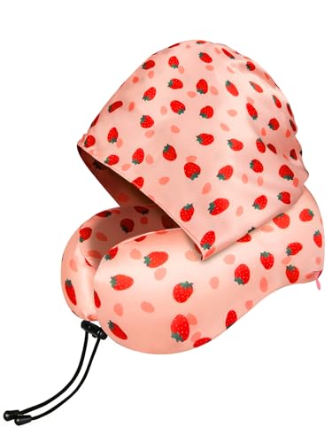 Satin Neck Pillow with Hood Pixie Pillows for Short Hair Sleep Travel Airplane Memory Foam Long Flight Plane Essentials Strawberry - color: Strawberry
