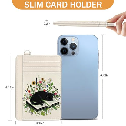 Yonlevres Credit Card Holder Slim Wallet, Floral Cat RFID Wallet Women Front Pocket Small Card Holder, Travel Cute Funny Thin RFID Blocking Case Organizer ID Window PU Leather Gifts - color: Cat Book