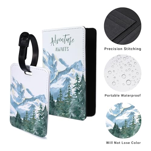 Passport Holder Set,Passport Holder and Luggage Tag,Cover for Men and Women,Wallet, Case,Travel Accessories（5.82 * 3.93 inch） - color: Snowy Mountain (Passport Holder + Luggage Tag)