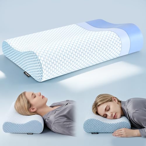 Polovo Neck Pillow Memory Foam Pillows for Sleeping, Ergonomic Cervical Pillow Neck Support Pillow Bed Pillow for Side Back Stomach Sleepers, Contour Pillow for Neck and Shoulder Pain Relief (Blue) - color: Blue