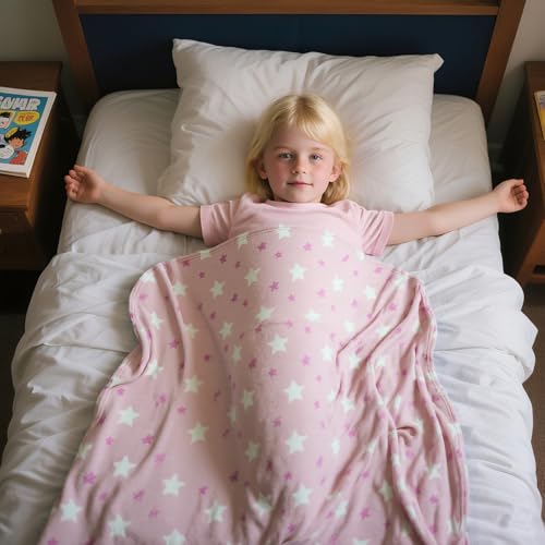 3-in-1 Kids Travel Blanket and Pillow Set - 40x60 Inches Soft Pink Star Design,Kids Travel Blanket Airplane Compact with Bag, Potable Pillow Blanket for Travel Airplane Train Bed Office - color: Pink Star
