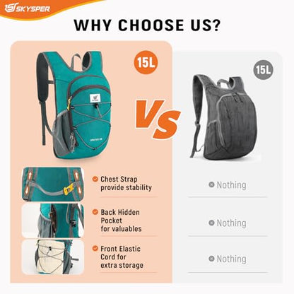 SKYSPER 15L/20L Foldable Hiking Backpack Lightweight Packable Travel Daypack with Chest Strap Small Folding Pack for Walking - color: Green, size: 15l