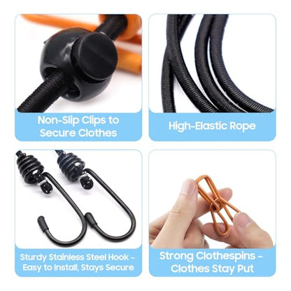 Retractable Portable Travel Clothesline, Clothing Line with 12 Clothes Clips for Indoor Laundry Drying Line with Clothesline Stops, Outdoor Camping Accessories