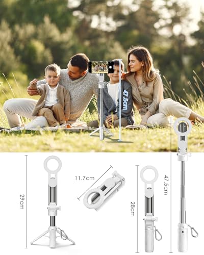 CloudValley Magnetic Selfie Stick & Mini Tripod, 360° Rotation Extendable Handheld Stabilizer/Camera Grip with Remote, 5 in 1 Portable Phone Stand for iPhone/Android, Travel Vlog, Live Stream, White - color: White