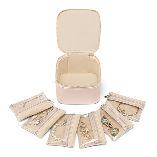 Vlando Travel Jewelry Case,Jewelry Organizer with 6 zipper velvet Jewelry bags for Women Girl,Wedding Birthday Gift Ideas for Women Earrings Rings Storage Gift Box Packaging Pink - color: E.6Pcs-Pink