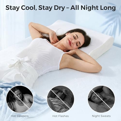 Elviros Cooling Memory Foam Pillow with Breathable Cover, Adjustable Height Bed Pillow for Neck Support, Ergonomic Cervica Neck Pillow for Side Stomach and Back Sleeper, Queen Size, 23.6"×14"×5.3" - color: White