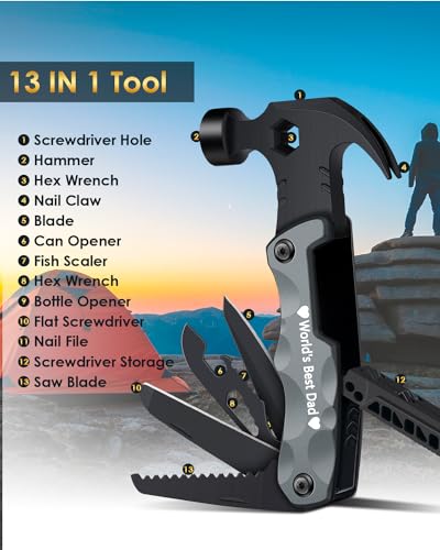 Fathers Day Dad Gifts from Daughter Son Wife, 13-in-1 Hammer Multitool, Cool Camping Accessories & Survival Tools, Unique Birthday Present Ideas Gifts for Men, Husband, Grandpa, Step Dad, Him - style: DAD GIFTS