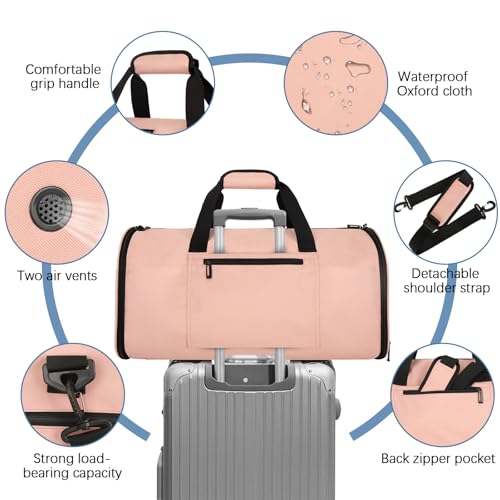 Garment Bags for Travel,50L Carry on Convertible Garment Duffle bag with Shoulder Strap,3 in 1 Hanging Suit Travel Bag with Shoulder Strap - color: Pink