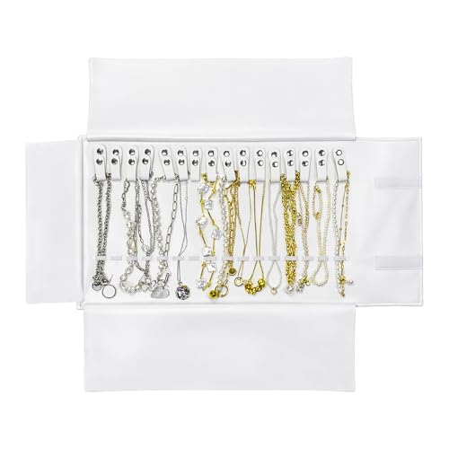 UnionPlus Travel Jewelry Roll, Faux Leather Necklaces Organizer Bag, Elastic Band and Anti-winding, White - color: Leather White, size: Medium