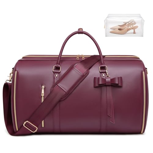 Garment Bags for Travel, Convertible Suit Travel Bag for Women, Cute Carry On Garment Bag w/Shoes Pouch, 2 in 1 Foldable PU Leather Hanging Duffle Bag, Single-Zipper Design, Sangria - color: Red