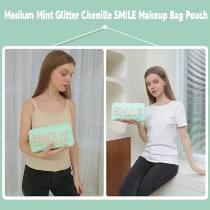 Small Nylon Cosmetic Pouch With Glitter Chenille Fashion Cute Makeup Bag Mini Toiletry Kit Zipper Pouch (M,Mint-Smile) - color: Mint-Smile, size: M