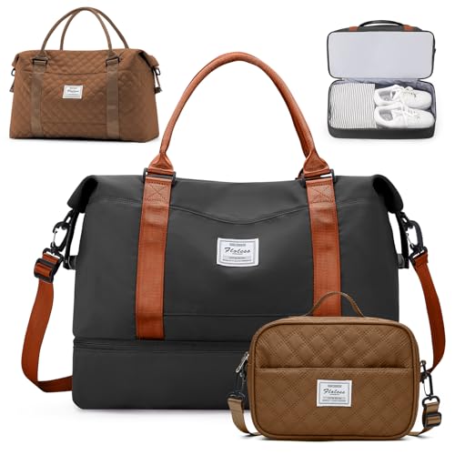 Weekender Bags for Women,Travel Duffle Overnight Bag with Shoe Compartment,Personal Item Carry On Bag,Black & Brown,Large,3 Pcs Set - color: B-BlackBrown-3PCS-4051, size: Large