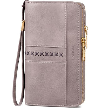 BOSTANTEN Wallets for Women Leather RFID Double Zipper Around Credit Card Holder Large Capacity Wristlet Clutch Wallet - color: Purple