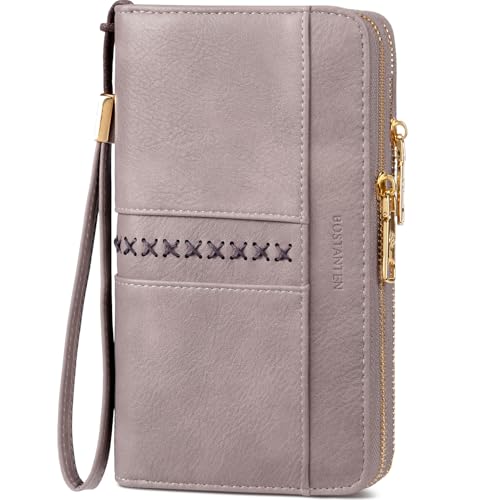 BOSTANTEN Wallets for Women Leather RFID Double Zipper Around Credit Card Holder Large Capacity Wristlet Clutch Wallet - color: Purple
