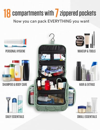 VENTURE 4TH Hanging Travel Toiletry Bag for Women & Men – Large Toiletry Organizer with 17 Compartments, Removable TSA Pouch, Travel Wash Bag for Toiletries, Makeup & Shaving Kit (Green Leaves) - color: Green Leaves