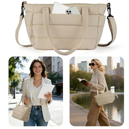 Lunch Bag Women Puffy Quilted Tote Bag Stylish Insulated Lunch Tote Bag with Large Capacity and Shoulder Strap Portable Lunch Cooler Bags for Women, Work Office, Travel, Picnic, Meal Prep - color: Camel
