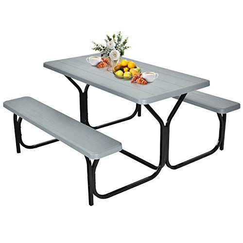 GYMAX Picnic Table, Picnic Bench Easy to Assemble w/All Weather Wood Grain Tabletop & Metal Frame, Picnic Tables for Outdoors Camping Backyard Deck Patio Poolside Dining Party - color: Grey