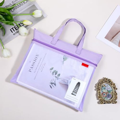 Large Zipper Pouch with Handle, 11 x 13.7 in Mesh Zipper Pouch Waterproof Double Pocket Organizer Bag, A4 Size Foldable File Storage for Documents Travel Art Supplies Office Use (Purple)