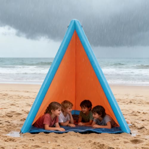 2-in-1 Sand Free Beach Blanket & Tent - 79"x83" Waterproof Picnic Blanket with Inflatable Pillows, No Pump Quick Inflation, Fits 6-10 Seated/4-6 Reclined for Family Camping Travel Backyard
