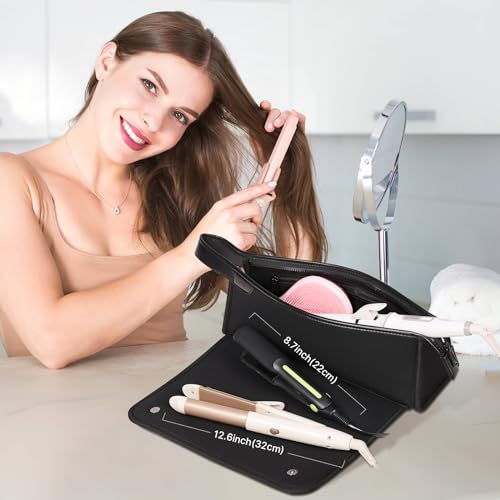 JKAOO Hair Tools Travel Bag and Heat Resistant Mat, 2 in 1 Portable Organizer Hair Travel Case for Curling Iron, Hair Straightener, Flat Irons, PU Hangable Handle, Neoprene (Elegant Black) - color: Elegant Black