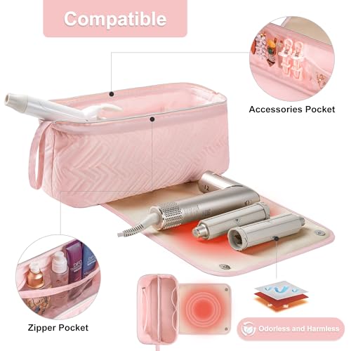 Leudes Hair Tools Travel Bag for Women Heat Resistant Mat for Travel Essentials Hot Tools Straighteners,Flat Irons,Curling Iron,Hot Air Brushes and Hair Dryer Organizer Bags 2 in 1(Pink) - color: Pink