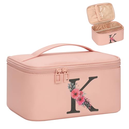 OCHEAL Initial Makeup Bag,Monogram Make up Bag Pink Travel Makeup Organizer Case Beauty Toiletry Cosmetic Bag with Brush Holder, Trendy Stuff Personalized Gifts for Women and Girls-K - color: Pink, style: K