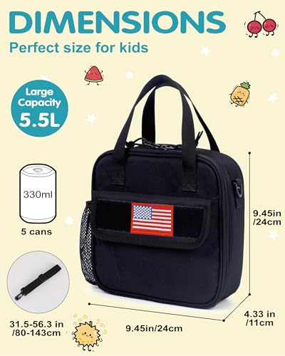Tactical-style Lunch Bag 5L Kids Lunch Bag with Adjustable Shoulder Strap Easy to Clean Leakproof Wipeable liner Toddler Lunch Box Bag for Boys Girls School and Daycare - color: Black