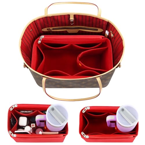 Tote Bag Purse Organizer Insert Pouches Fit for Neverful MM, Red Handbag Organizer with Water Bottle Holder Compatible with Stanley Cup, Purse Essentials Compartment Inserts Gifts for Women Large - color: Red, size: Large