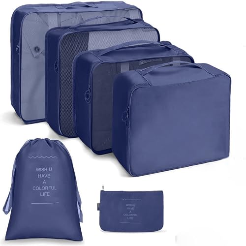 LANSKLBD 6 Set Packing Cubes for Travel, Luggage Organizers with Shoe & Toiletry Bags, Lightweight Suitcase Organizer for Carry-On, Washable Laundry Bags(Dark Blue) - color: Dark Blue, size: 6 set