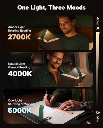 86lux Book Light, Rechargeable Clip-On LED Reading Light for Bed & Night Use - 3 Color Temperatures with Stepless Dimming, Ultralight Bookmark Design for Kids, Book Lovers, Green - color: Green