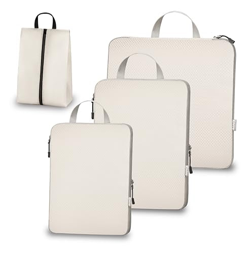 Compression Packing Cubes for Travel, Set of 4 Expandable Luggage Organizers with Shoe Bag, Lightweight Water-Resistant Suitcase Essentials for Carry-on & Checked Luggage, Cream - color: Apricot, size: Set of 4