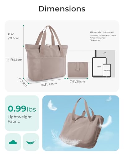 BAGSMART Tote Bag for Women, Foldable Tote Bag With Zipper Travel Shoulder Bag Handbag for Work - color: Grayish Brown-16.5''l X 6''wx 14''h