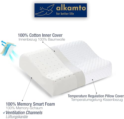 alkamto Travel & Camping Comfortable Memory Foam Pillow – Easy to Carry Portable Bag – Temperature Regulating Pillow Case (White Contour) - size: White Contour Travel