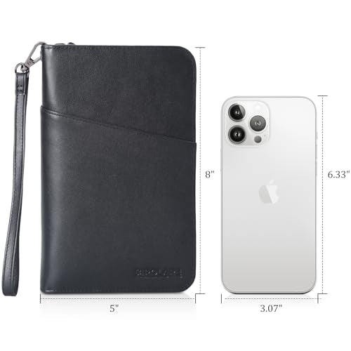 Polare Full Grain Leather Passport Holder Cover Case for Men and Women RFID Blocking Family Travel Wallet Holds 6 Passports - color: Black with AirTag Slot