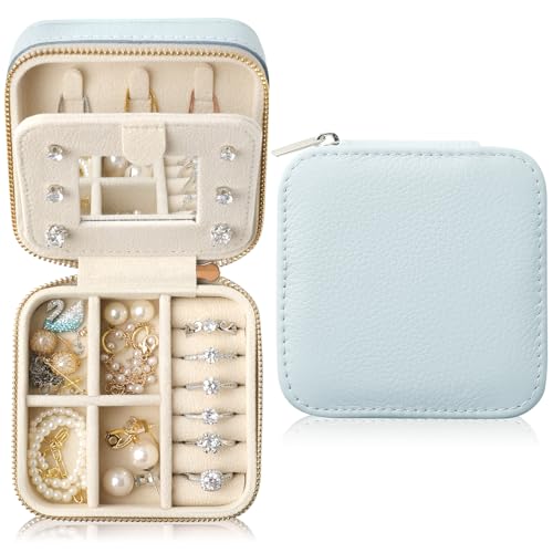 Genuine Leather Travel Jewelry Case Organizer with Mirror for Women, Small Jewelry Box Portable Mini Jewelry Case for Earring, Ring, Necklace, Bracelet（Lychee Grain Blue） - color: Lychee Grain Leather Blue