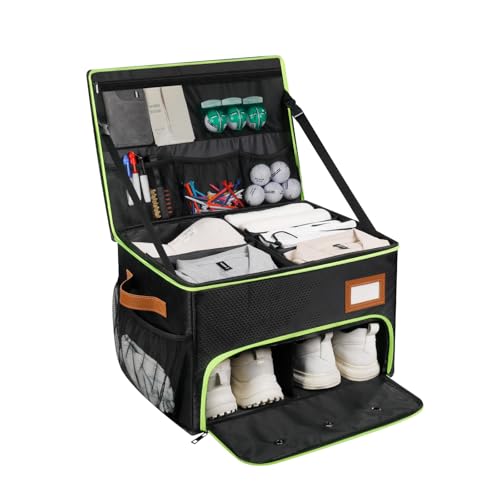 2 Layer Golf Trunk Organizer, Golf Organizer with 2 Pairs Shoes Compartment, Golf Storage Waterproof Car Trunk Locker for Balls, Caps, Clothes, Gloves, Accessories, Gifts for Golfers - color: Black+Green