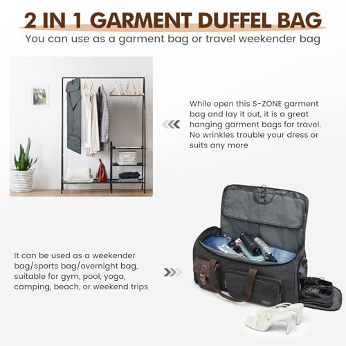 S-ZONE Garment Bags for Travel Convertible Garment Duffle Bags for Travel Suit Carry on Luggage for Men Hanging Suitcase - color: Black