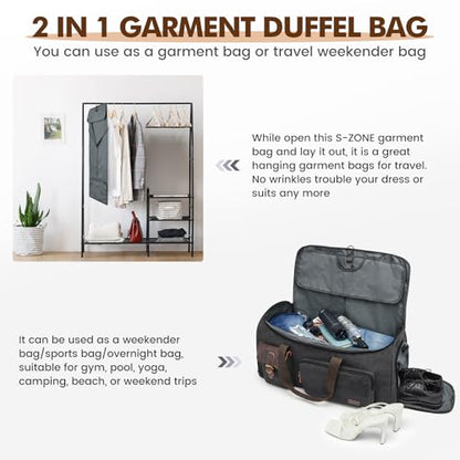 S-ZONE Garment Bags for Travel Convertible Garment Duffle Bags for Travel Suit Carry on Luggage for Men Hanging Suitcase - color: Black