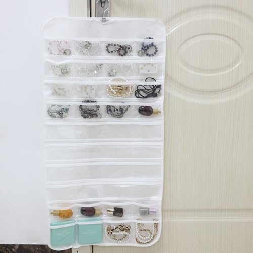 Hanging Jewelry Organizer Pockets Canvas Double Sided Rotating Hanger Necklace Hanging Wall Organizer Jewelry Roll for Earrings, Necklaces,Sunglasses,rings (80-Pocket WHITE) - color: White