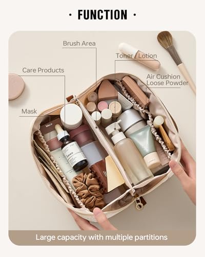 EACHY Travel Makeup Bag, Large Capacity Cosmetic Bags for Women, Waterproof Portable Pouch Open Flat Toiletry Bag Pattern Make up Bag (F-Beige) - color: AA-Beige, size: Medium